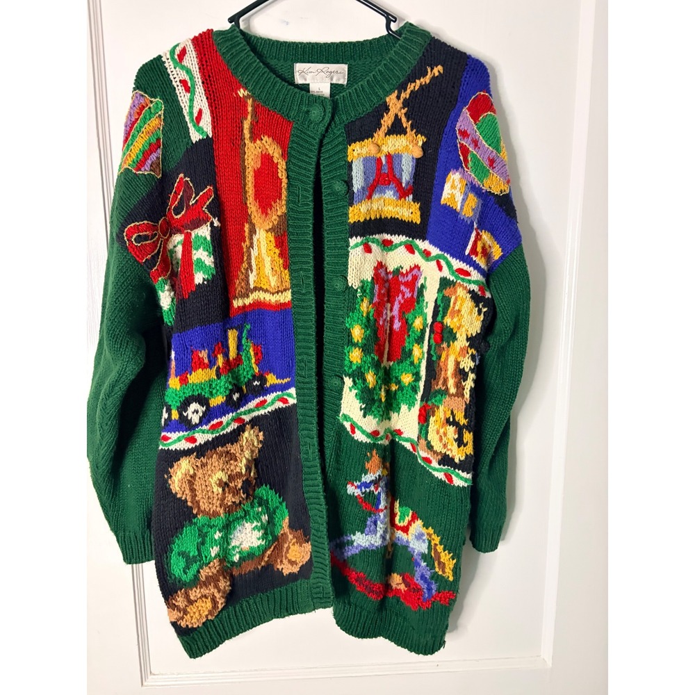 Kim Rogers Vintage Christmas Cardigan Sweater Green Patchwork Teddy Bear Large